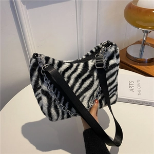 Women Stylish Plush Tote Bag Zebra Cow Pattern Faux Fur Underarm Bag Metallic Chain Strap Winter Soft Shoulder Bag