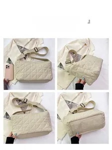 Detailed views of beige quilted puffer tote bag from multiple angles for daily use
