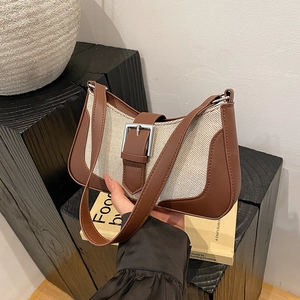 Retro Microfiber Leather Canvas Splicing Underarm Bag For Women Minimalist Fashion Shoulder Bag With Metal Buckle Baguette Bag