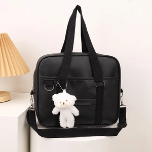 Japanese style black PU leather JK uniform handbag with cute teddy bear charm