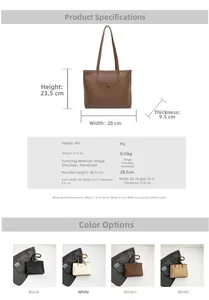 Detailed size specifications for a versatile large capacity PU tote bag with four colors