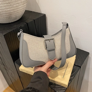 Retro grey leather and beige fabric underarm bag with silver square buckle and strap