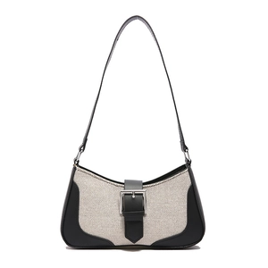 Chic black and white canvas underarm bag with retro silver buckle for women