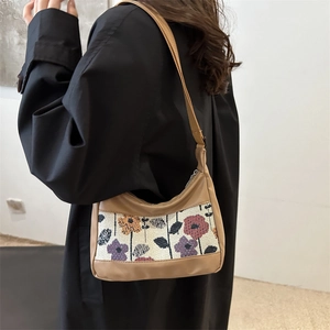 Fashionable floral canvas and PU leather tote bag with shoulder strap for women
