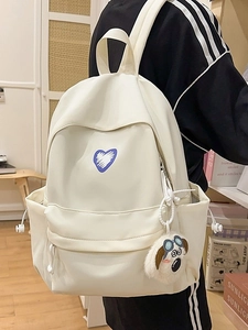 Cream white school backpack with heart patch and cute puppy pendant for teen girls