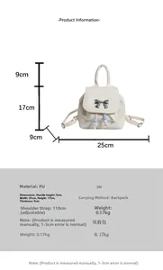Detailed size chart of cream PU leather butterfly backpack with dimensions and metal bow