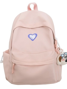 Pink minimalist backpack for students with a blue heart pattern and plush dog pendant