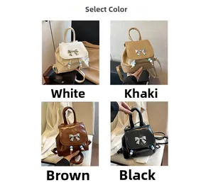 Four colors of women's mini shiny PU leather backpacks with silver butterfly bow detail