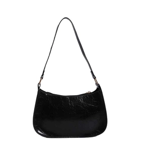 Minimalist black glossy faux leather baguette shoulder bag with retro crescent design