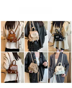 Collage of mini butterfly backpacks in brown, khaki, black, and beige on models