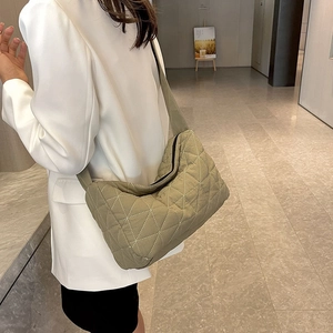 Fashionable olive green quilted shoulder tote bag in lightweight nylon for women