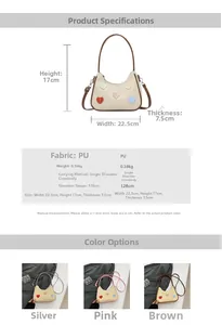 Detailed size chart for faux leather heart patch crossbody bag with dimensions and straps