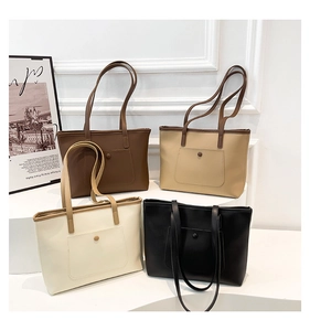 Detailed macro view of four minimalist tote bags in coffee, khaki, beige and black PU leather