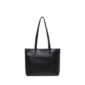 Minimalist black synthetic leather tote bag with functional front snap pocket for commuting