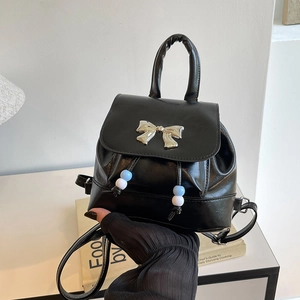 Chic black mini backpack with silver butterfly buckle and colorful beads for women