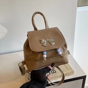 Fashionable khaki PU leather backpack for women with metal butterfly and bead charm