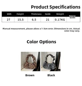 Detailed size specifications for leopard print crescent handbag with ruched handle