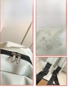 Close-up of water-resistant fabric with raindrops and smooth double zipper on the backpack