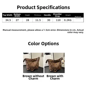 Size chart showing leopard bucket bag dimensions in cm with material details and weights