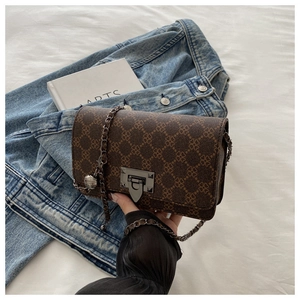 Detail of vintage crossbody bag with clover pattern, chain strap, and decorative ball charm