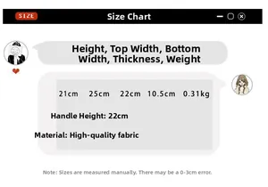 Detailed size chart showing dimensions and weight for this stylish canvas bucket bag