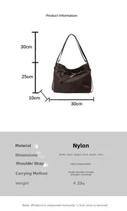 Detailed size chart for dark brown nylon tote bag with 30x25x10cm dimensions