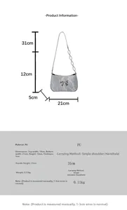 Detailed size specifications for silver bow PU leather underarm bag with chain strap