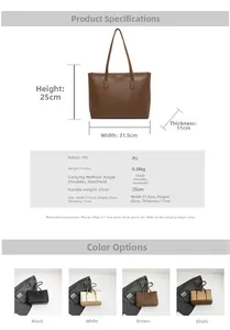 Detailed size chart and multi-color view of minimalist PU leather tote bag for women