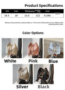 Detailed size chart and multi-color options for stylish bucket bag with chain strap