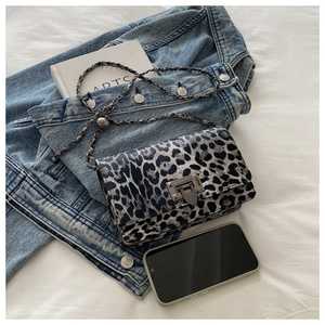 Detailed macro shot of leopard print shoulder bag with silver chain and metal clasp