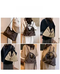 Detailed views of versatile nylon tote bags in coffee and beige with leather straps