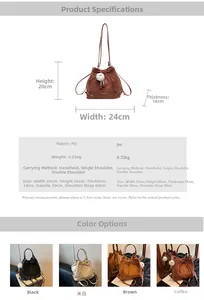 Detailed size chart and multi-color options for the vintage drawstring bucket backpack