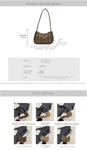 Detailed size chart and material specs for the plaid PU leather underarm bag