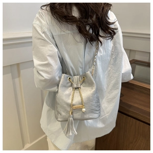 Detailed view of a silver metallic bucket bag with gold chain and pearl tassel on a model