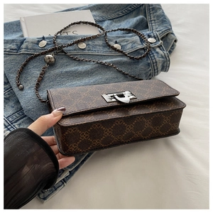 Detail of silver chain strap with adjustable ball buckle on leopard print crossbody bag