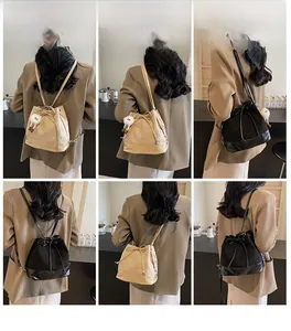 Detailed views of women's bucket backpack in beige and black with drawstring and bow