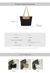 Detailed size specifications and material chart for the canvas tote bag with dimensions