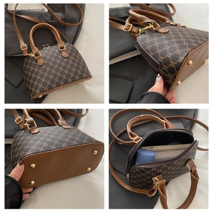 Detailed views showing shell bag interior capacity, base studs and vintage floral pattern