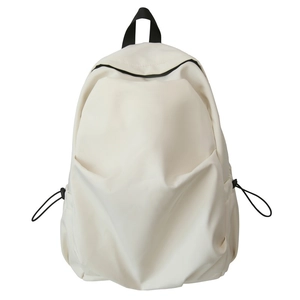 Minimalist beige campus backpack with large capacity and black zipper details on white background