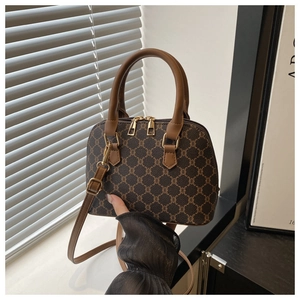 Detail of vintage shell bag with brown monogram pattern and golden metal zippers