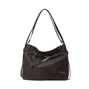 Minimalist dark brown nylon tote bag with black leather straps and gold metal hardware