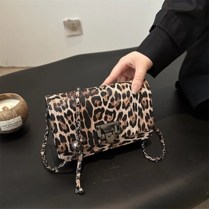 Vintage Leopard Print Synthetic Leather Crossbody Square Bag For Women Chain Strap Flap Shoulder Bag With Metal Lock