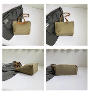 Detailed views of khaki canvas tote bag showing its durable seams and spacious design