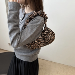 Stylish leopard print pleated crescent underarm bag with chic cloud style handle