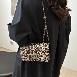 Model wearing leopard print crossbody bag with silver clasp and chain strap in minimalist room