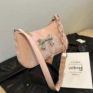 Bowknot Decor Crinkled Synthetic Leather Underarm Bag For Women Chain Strap Fashion Baguette Shoulder Bag Minimalist Commuter Handbag