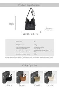 Size specifications chart for retro PU leather bucket bag with dimensions and strap info