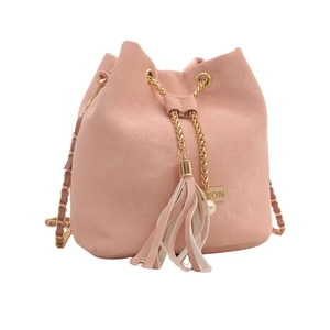 Elegant pale pink bucket bag with drawstring closure and golden chain strap in 2024 style