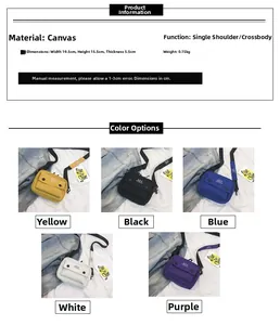 Detailed dimensions and color chart for student canvas crossbody bag with 5 color options