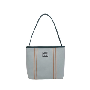 Minimalist light gray canvas tote bag with green trim and orange stripes on white background